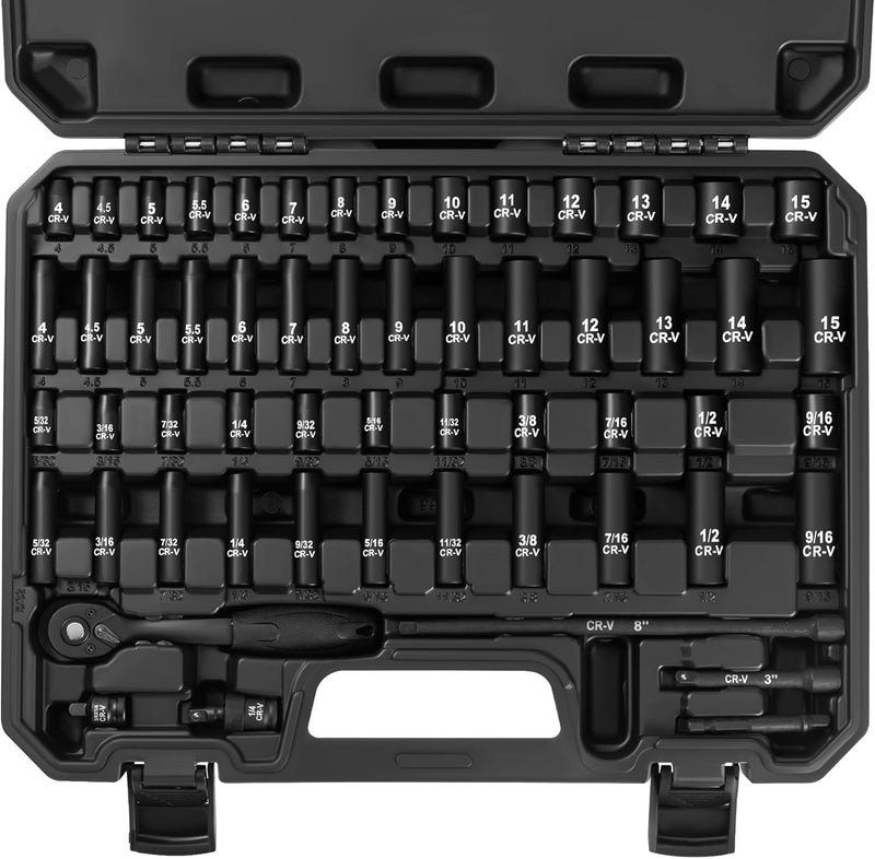 Reniteco 56-Piece 1/4" Drive Socket Set, SAE (5/32"-9/16") & Metric (4mm-15mm), Deep & Shallow, 72-Tooth Ratchet Wrench, Extension Bars, 3/8" F to 1/4" M Reducer, Universal Joint & Power Drill Adapter - Image 1